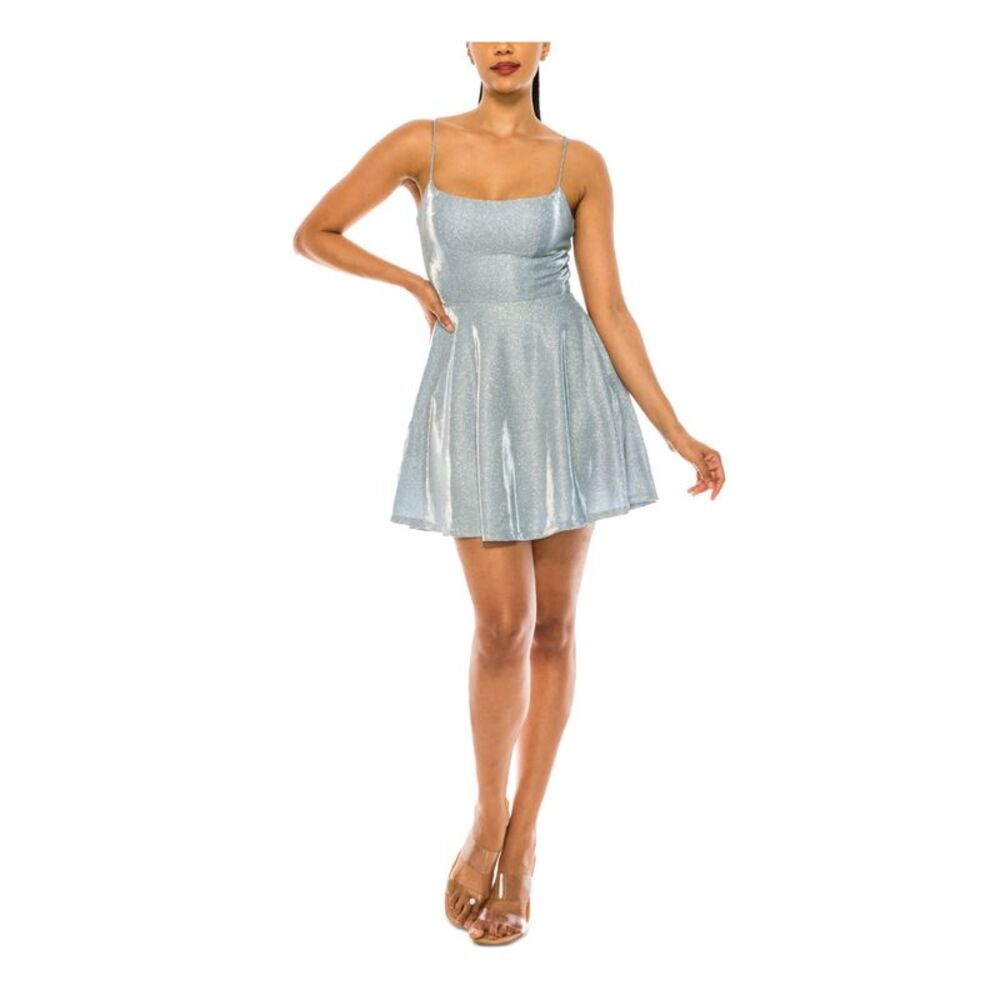 B DARLIN Womens Mini Dress Blue Spaghetti Strap Clasp Back Closure Juniors 3\4